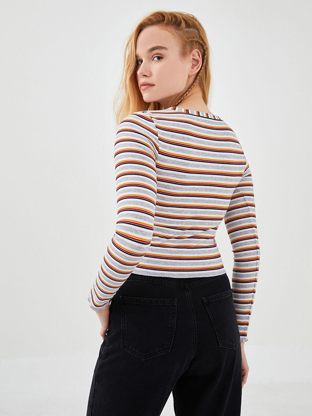 Bisiklet Yaka Çizgili Uzun Kollu Kadın Kazak-3