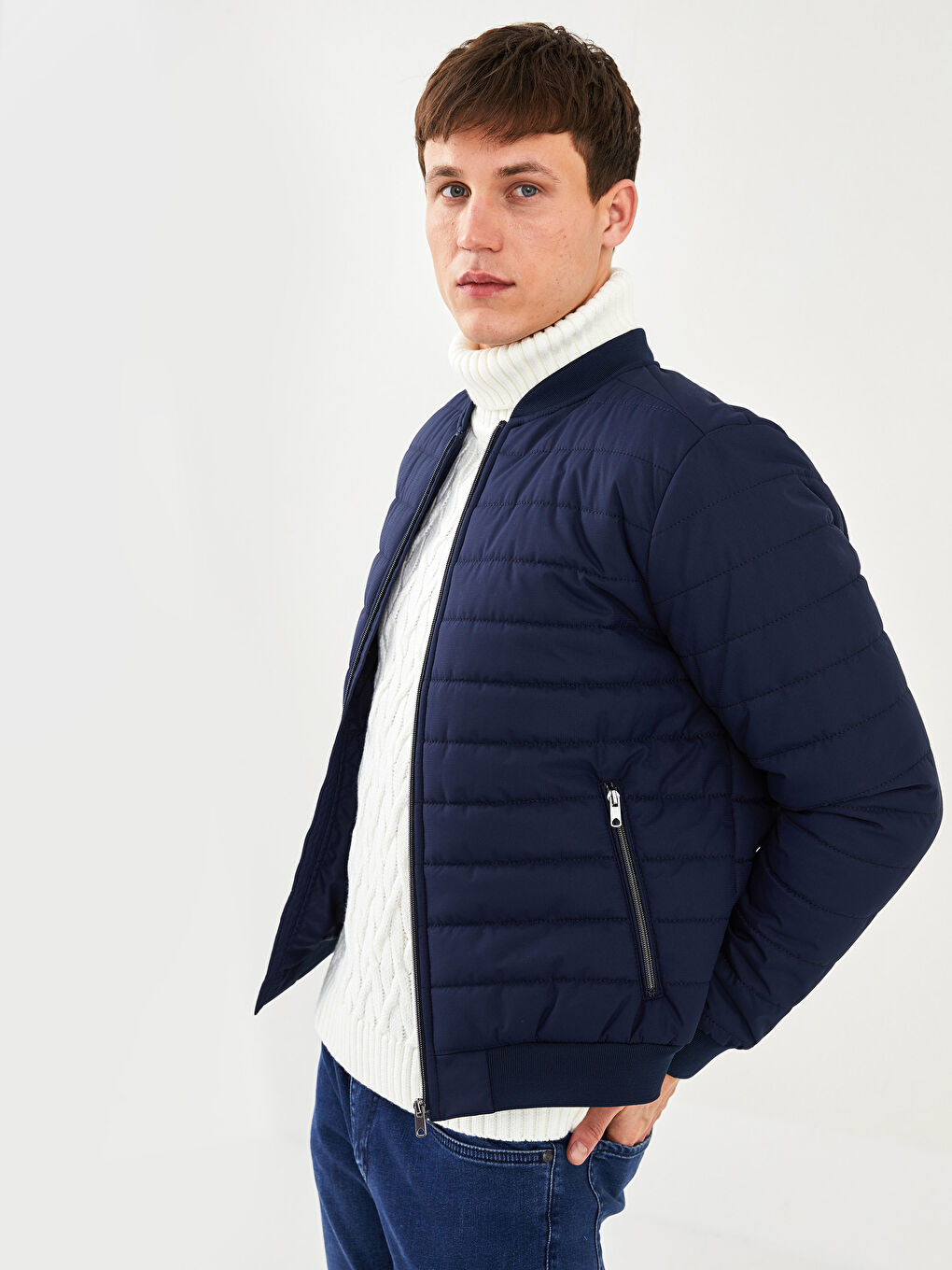 Lacivert Standart Kalıp Kolej Yaka Erkek Şişme Mont