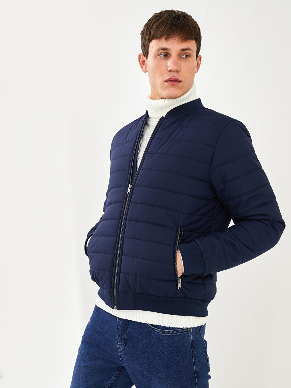 Lacivert Standart Kalıp Kolej Yaka Erkek Şişme Mont-1