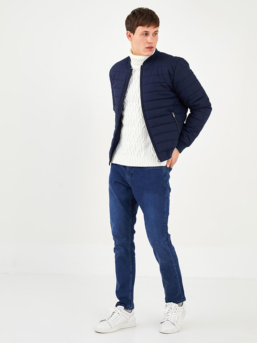 Lacivert Standart Kalıp Kolej Yaka Erkek Şişme Mont-5