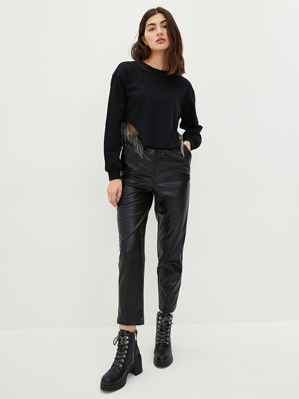 LCW Vision Elastic Waist Straight Pocket Detailed Women's Leather