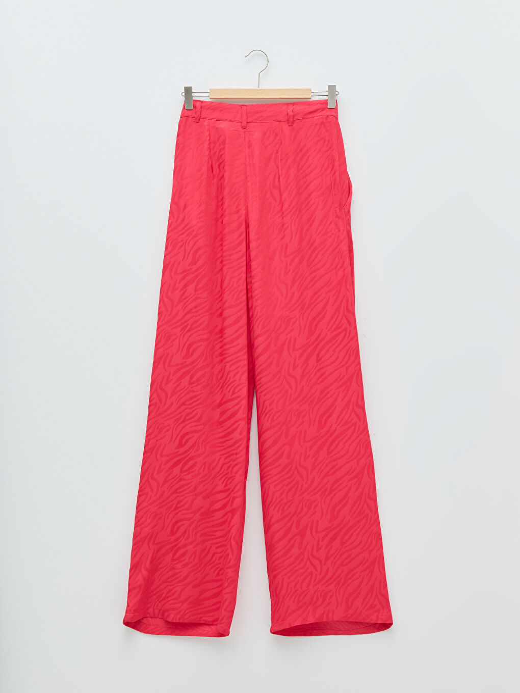 Fuşya Rahat Kalıp Kendinden Desenli Geniş Paça Viskon Kadın Pantolon-6