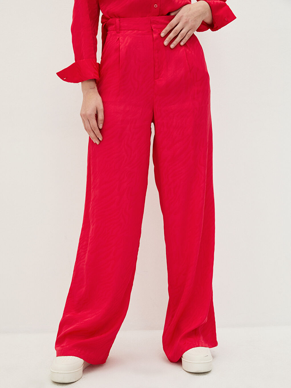 Fuşya Rahat Kalıp Kendinden Desenli Geniş Paça Viskon Kadın Pantolon-2