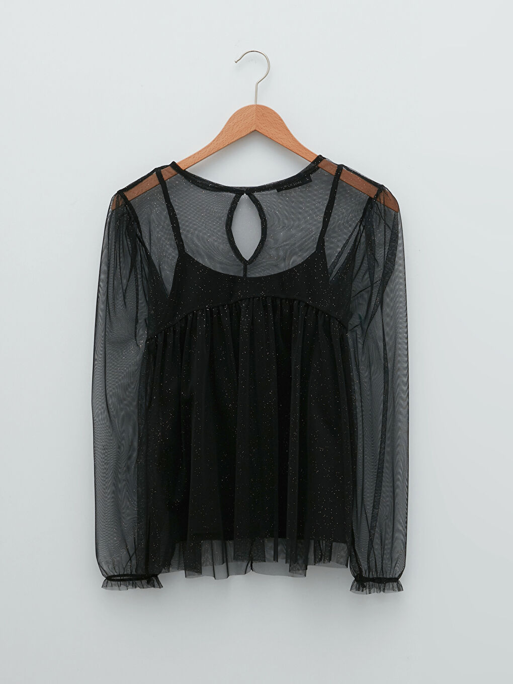 Siyah Bisiklet Yaka Parlak Görünümlü Uzun Kollu Tül Kadın Bluz-5