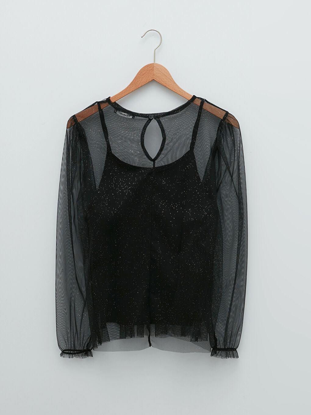 Siyah Bisiklet Yaka Parlak Görünümlü Uzun Kollu Tül Kadın Bluz-6