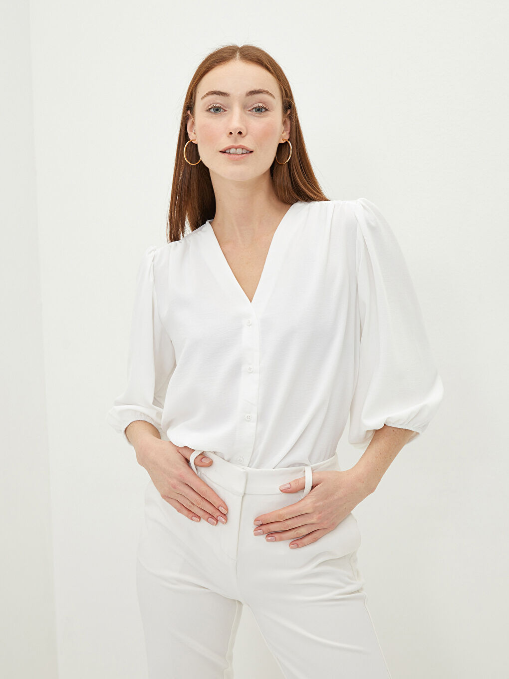 V-Neck Plain Long Sleeve Crepe Fabric Women's Shirt
