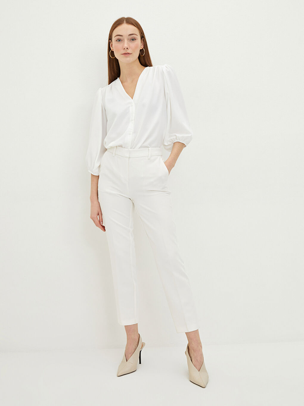 V-Neck Plain Long Sleeve Crepe Fabric Women's Shirt-1