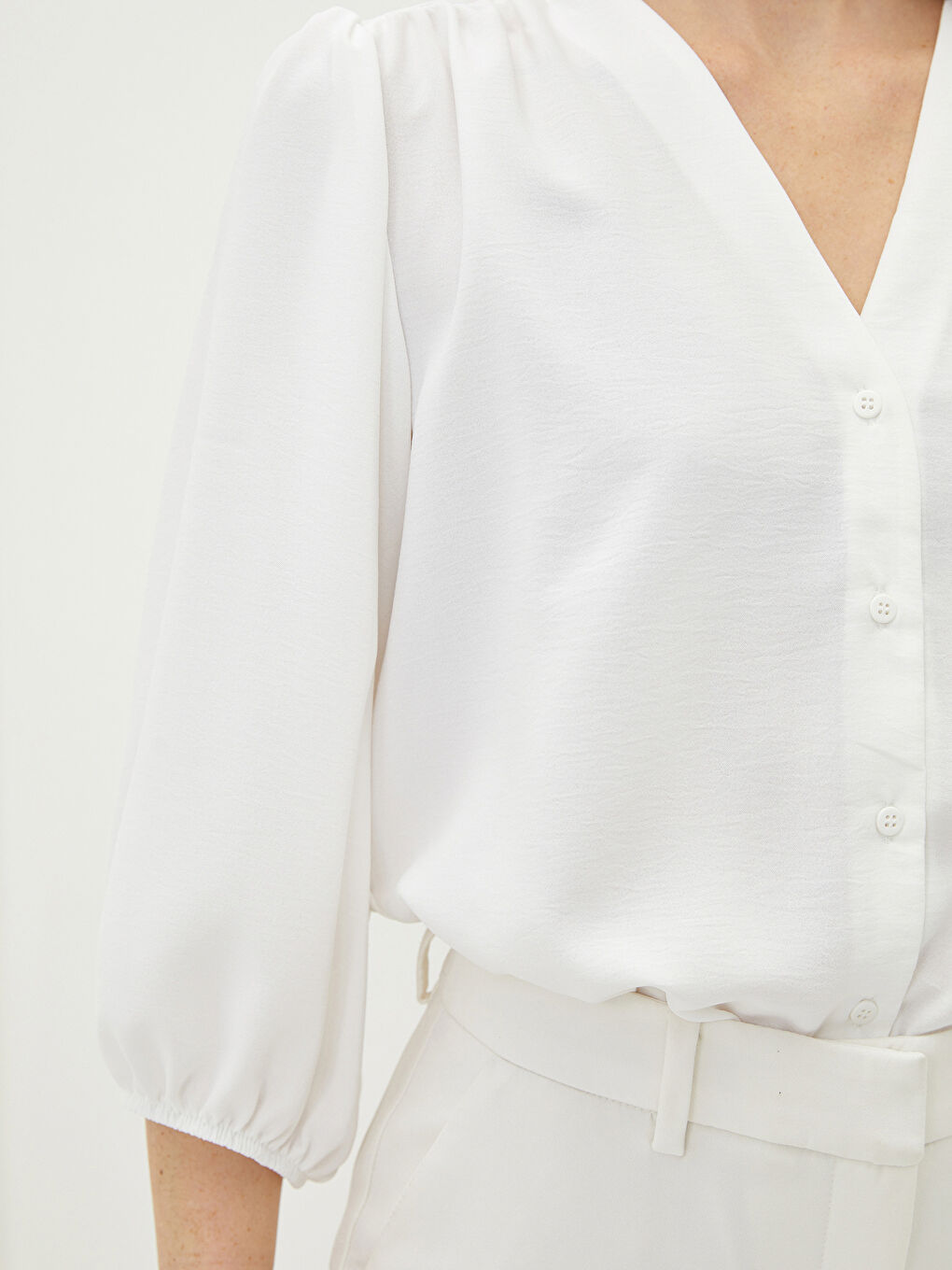 V-Neck Plain Long Sleeve Crepe Fabric Women's Shirt-2