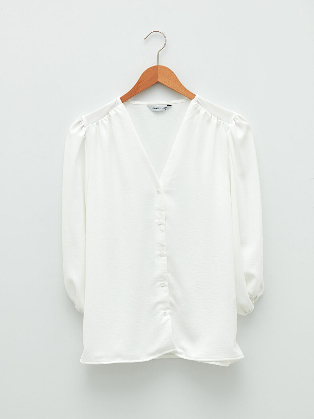 V-Neck Plain Long Sleeve Crepe Fabric Women's Shirt-4