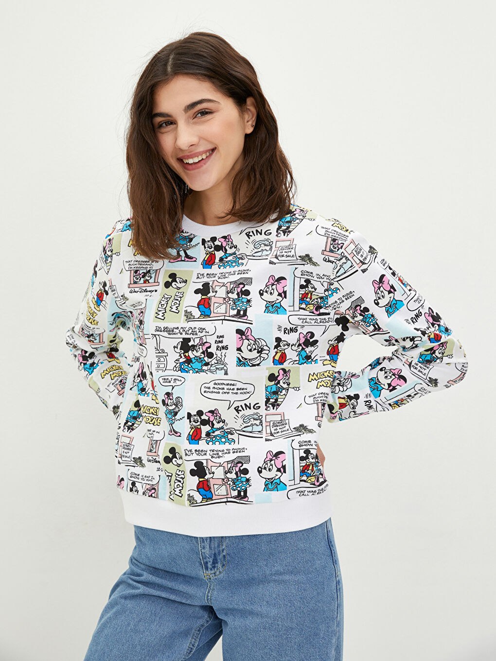 LCW Vision Ekru Baskılı Bisiklet Yaka Mickey Mouse Baskılı Uzun Kollu Kadın Sweatshirt