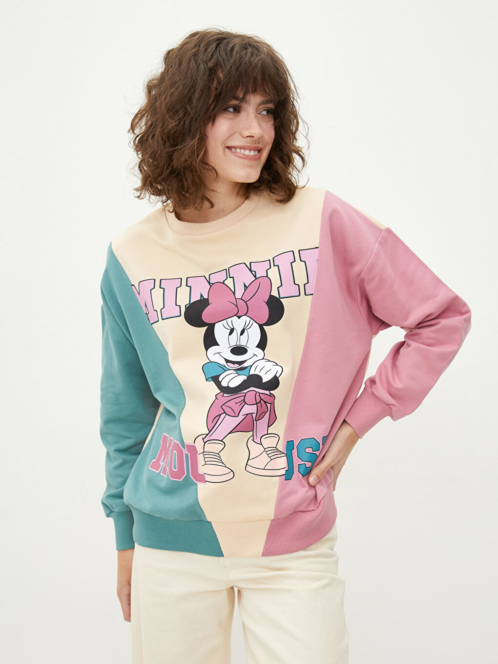 Hanorac cu Guler Rotund Imprimat Minnie Mouse cu Mânecă Lungă pentru Femei