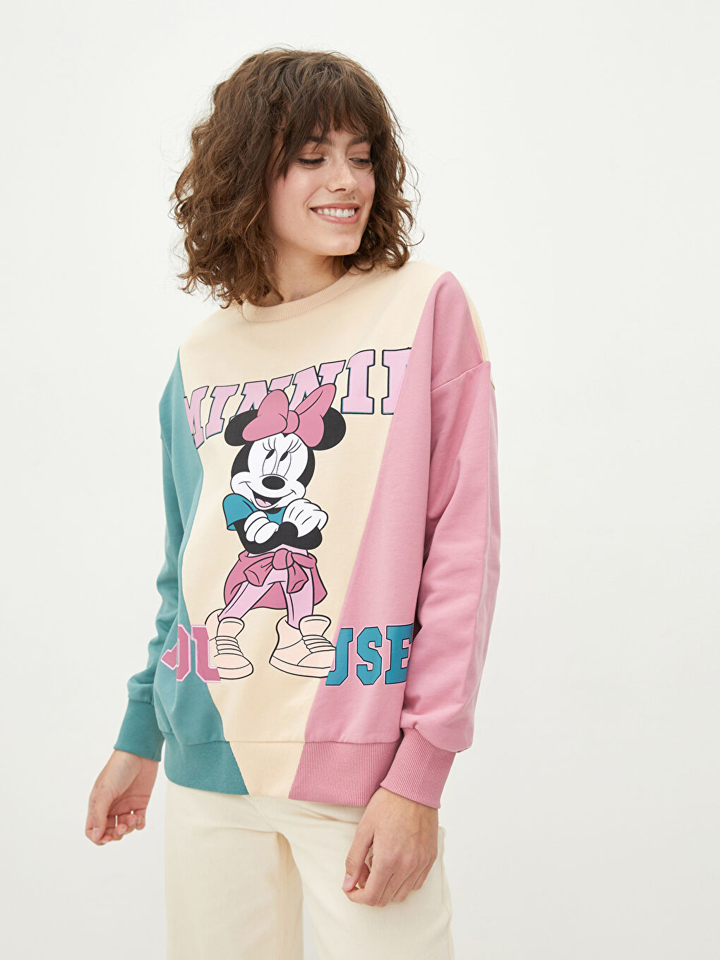 Hanorac cu Guler Rotund Imprimat Minnie Mouse cu Mânecă Lungă pentru Femei-1