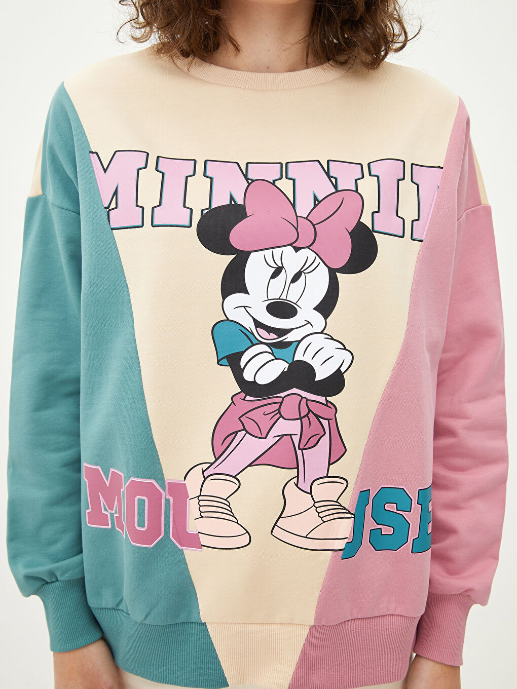 Hanorac cu Guler Rotund Imprimat Minnie Mouse cu Mânecă Lungă pentru Femei-3