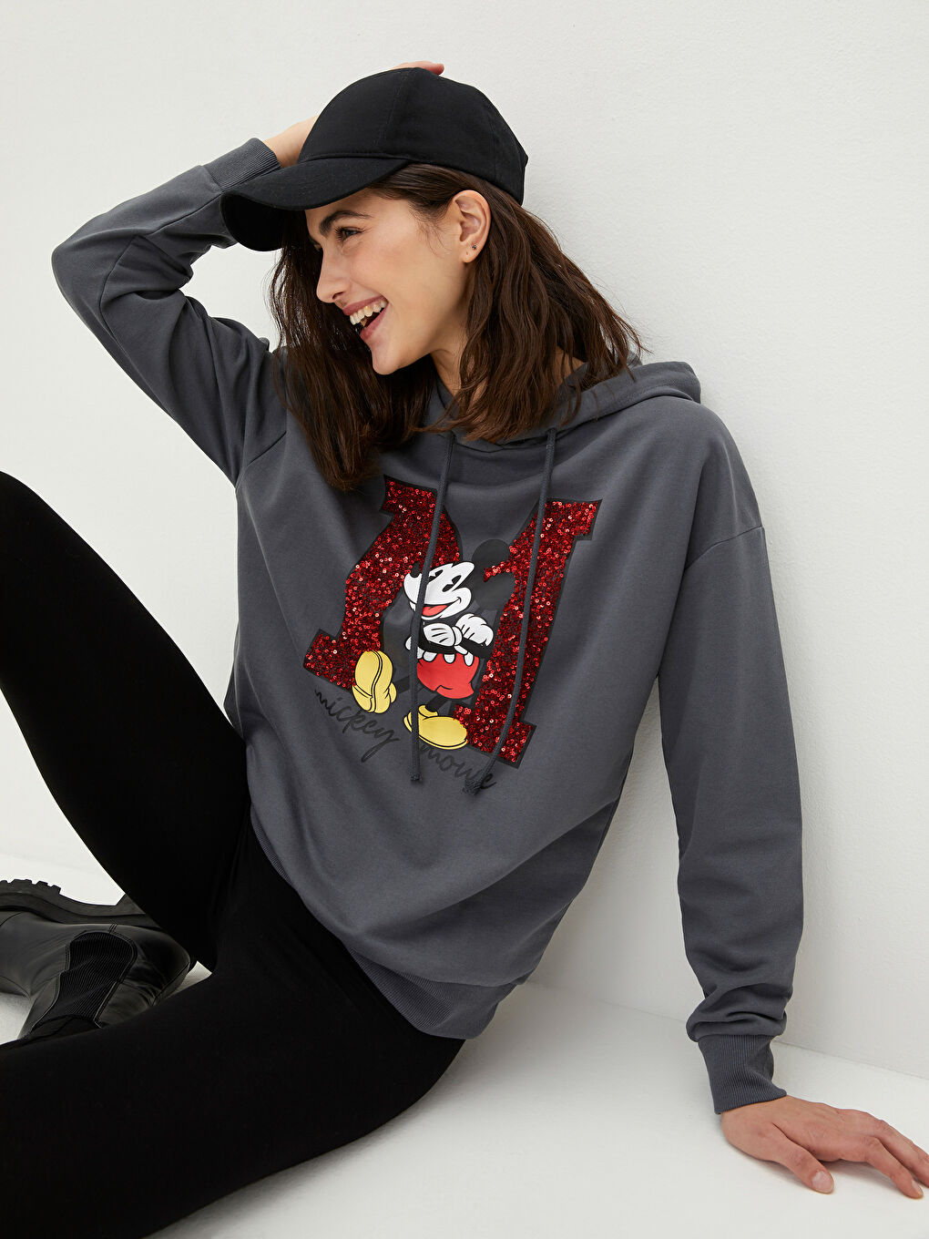 LCW Vision Antrasit Mickey Mouse Baskılı Kadın Kalın Hoodie