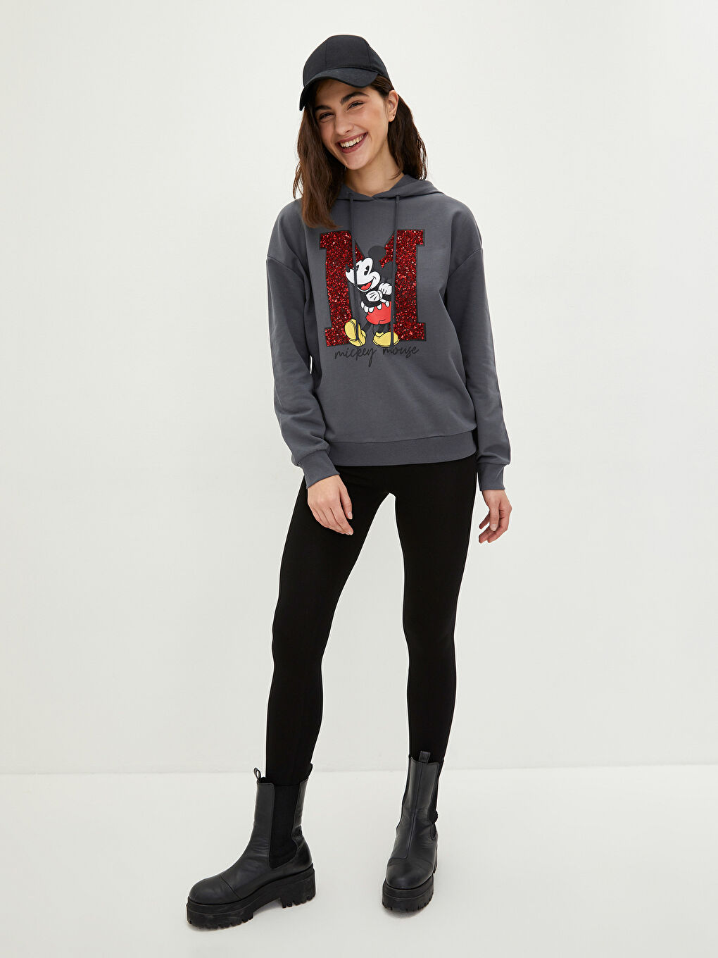 LCW Vision Antrasit Mickey Mouse Baskılı Kadın Kalın Hoodie - 1