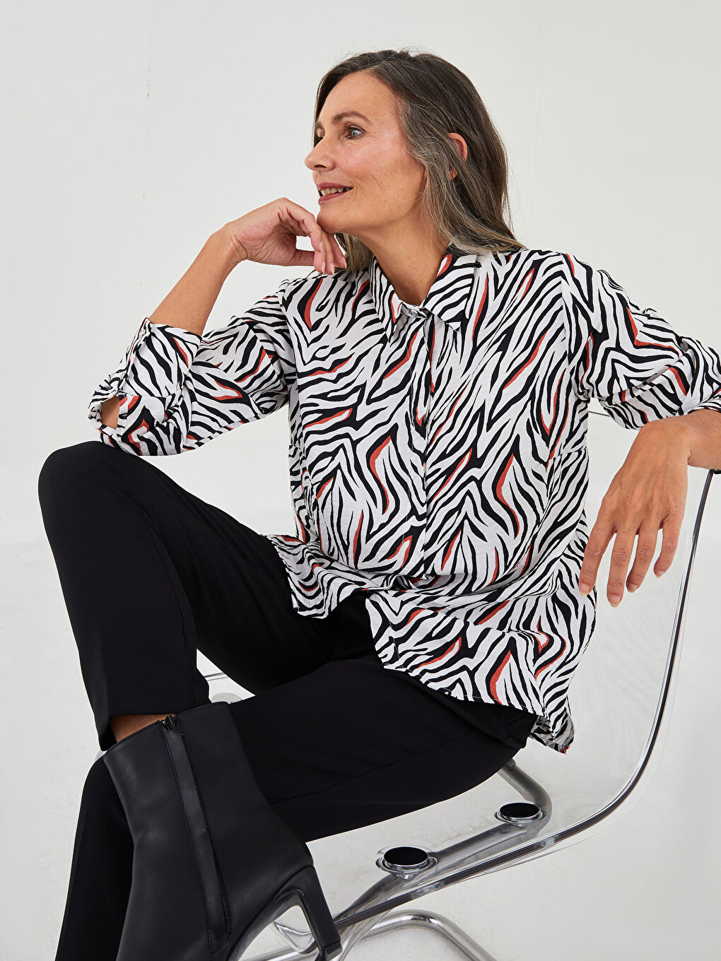 LCW Grace Hidden Button Closure Patterned Long Sleeve Poplin Women's Shirt -W1JS95Z8-LQJ