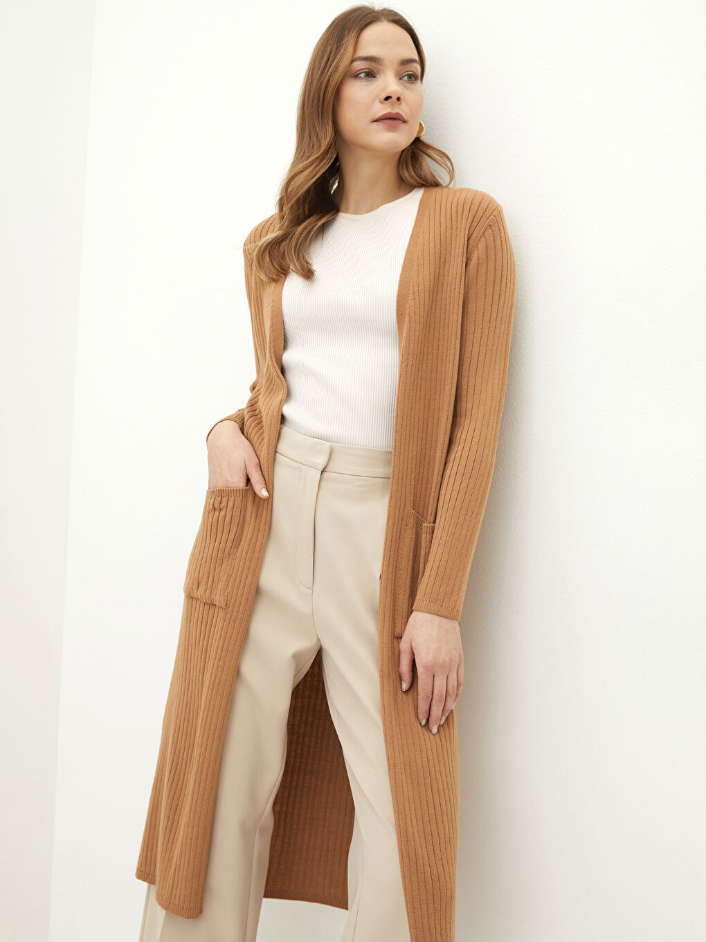 Cardigan en Tricot à Col Double Boutonnage Droit à Manches Longues pour Femmes