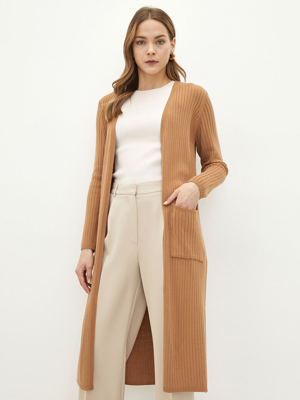 Cardigan en Tricot à Col Double Boutonnage Droit à Manches Longues pour Femmes-1