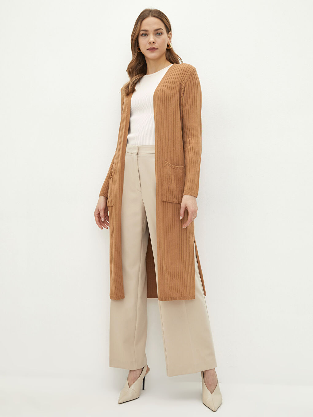 Cardigan en Tricot à Col Double Boutonnage Droit à Manches Longues pour Femmes-2