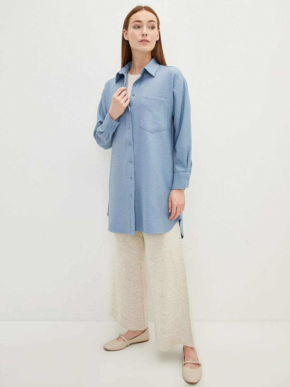 LCW Modest Plain Long Sleeve Twill Women's Shirt Tunic -W1JT20Z8-S0T