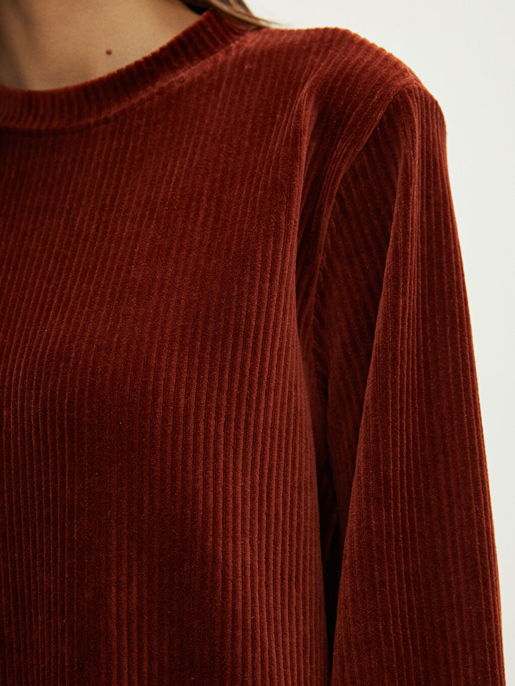 تونيك قطيفة كم طويل ياقة دائرية سادة-5