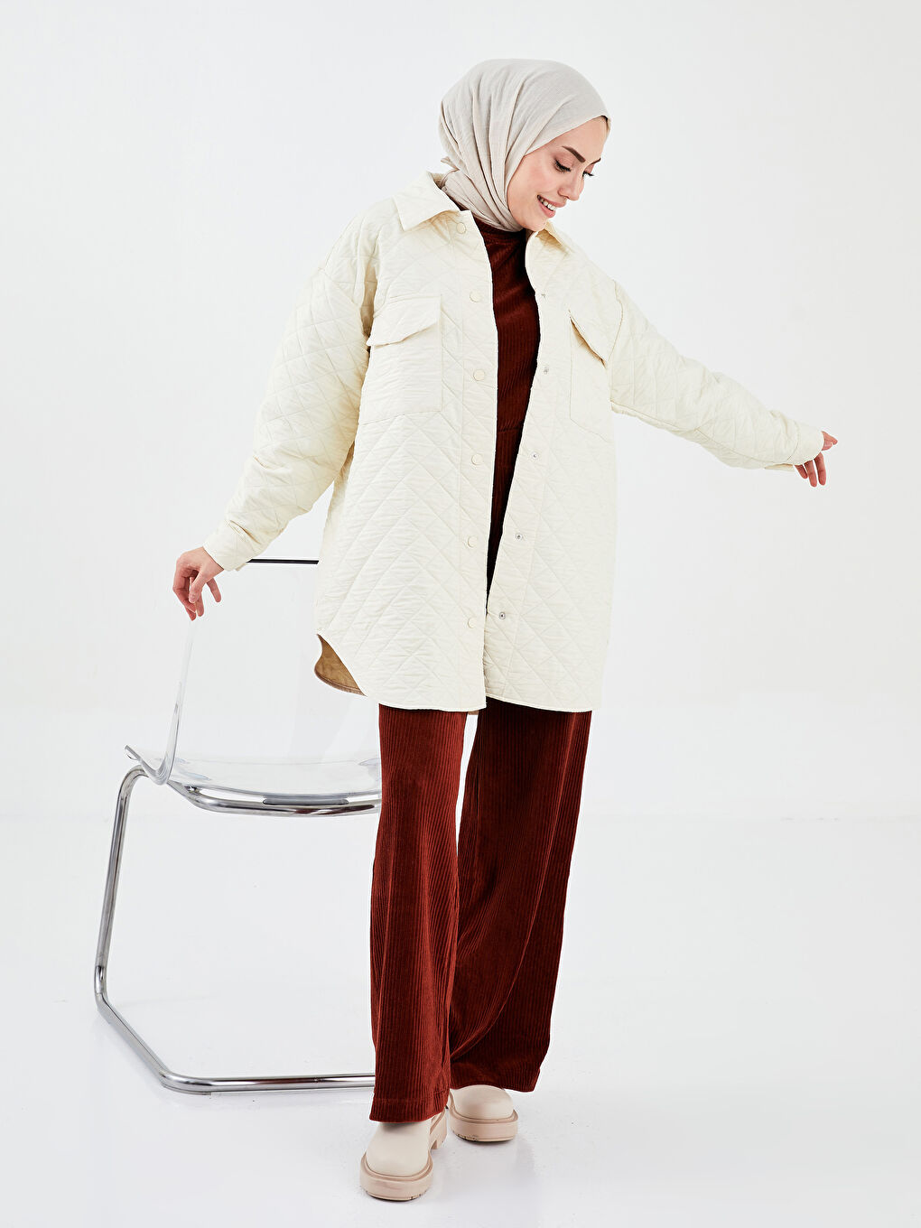 تونيك قطيفة كم طويل ياقة دائرية سادة-4