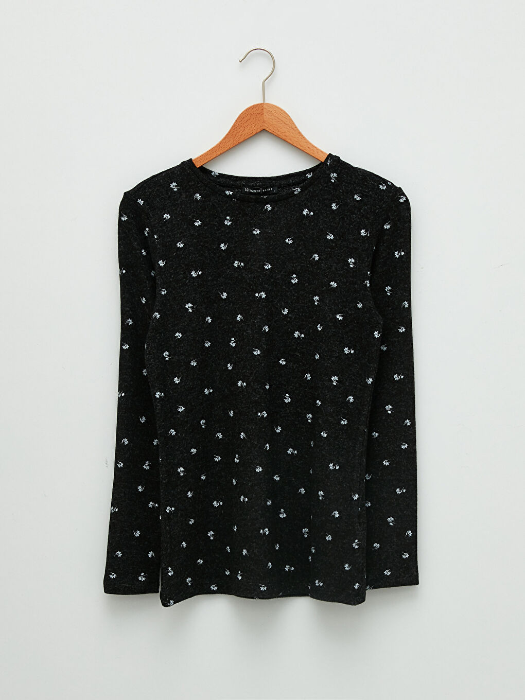 Siyah Bisiklet Yaka Baskılı Uzun Kollu Kadın Tişört-5