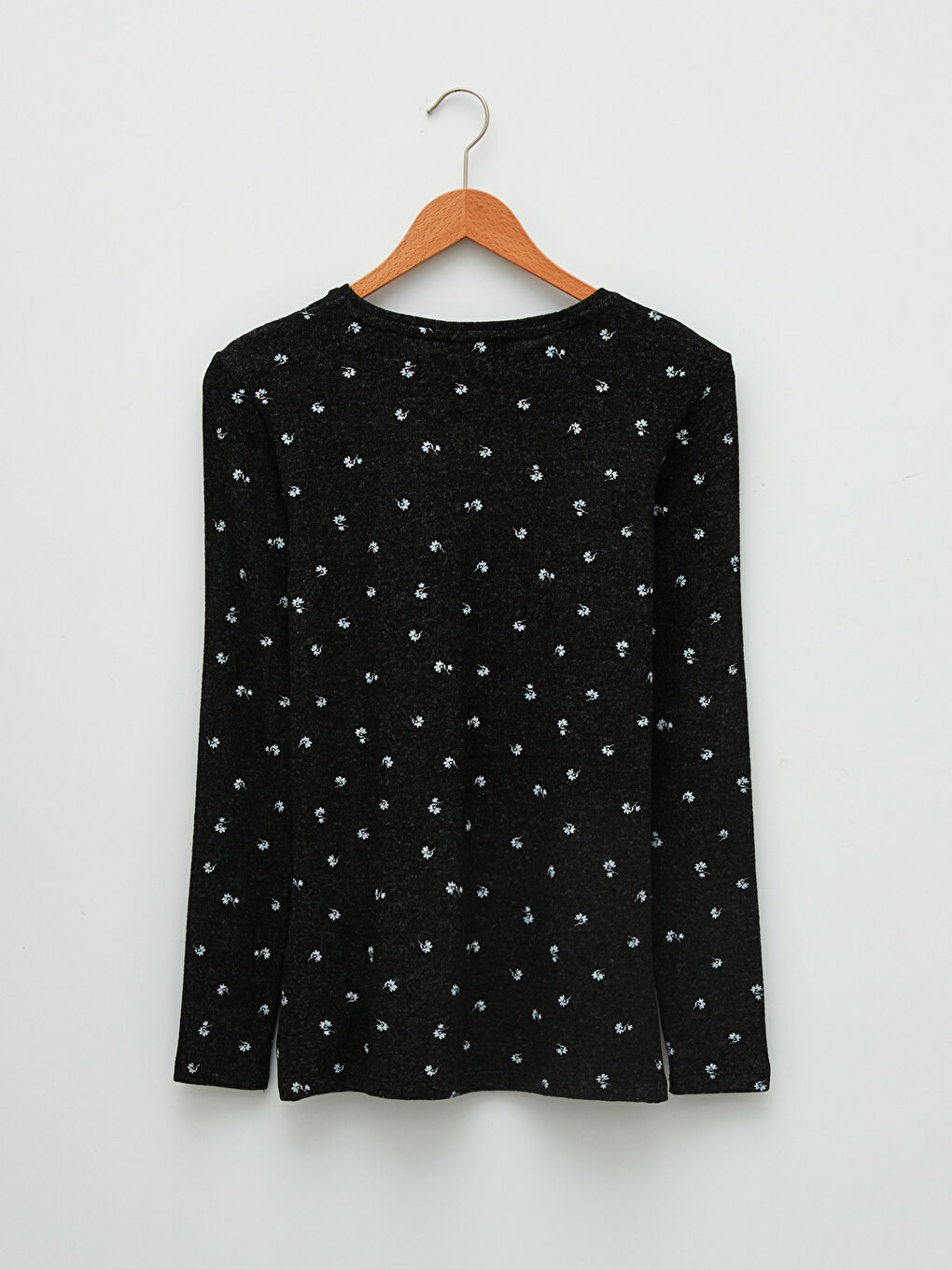 Siyah Bisiklet Yaka Baskılı Uzun Kollu Kadın Tişört-6