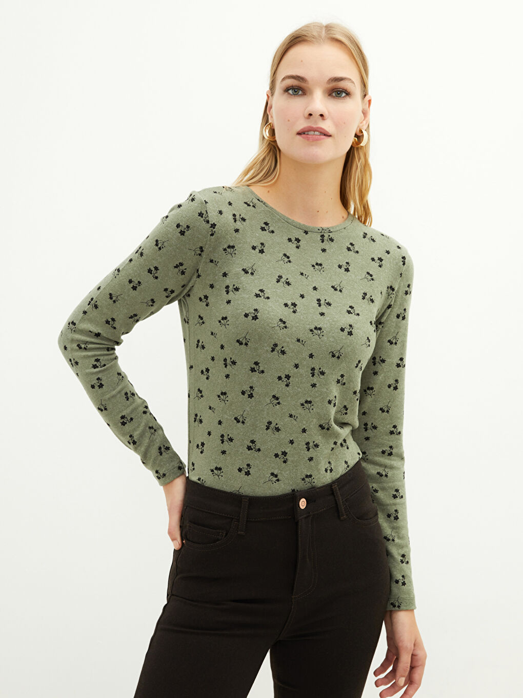 Haki Bisiklet Yaka Baskılı Uzun Kollu Kadın Tişört