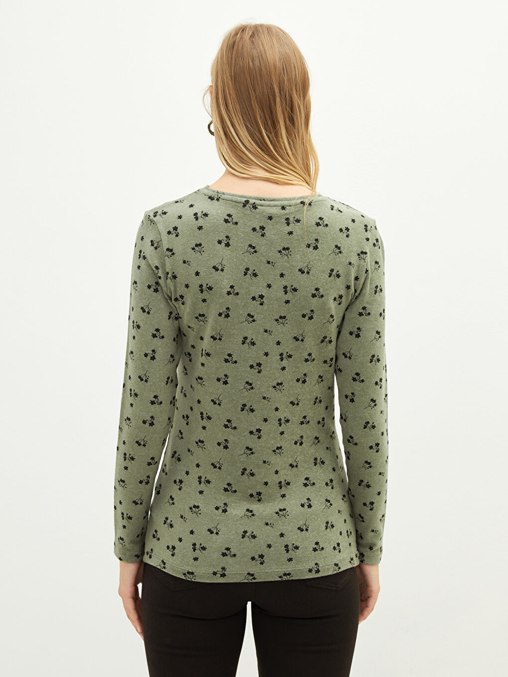 Haki Bisiklet Yaka Baskılı Uzun Kollu Kadın Tişört-4