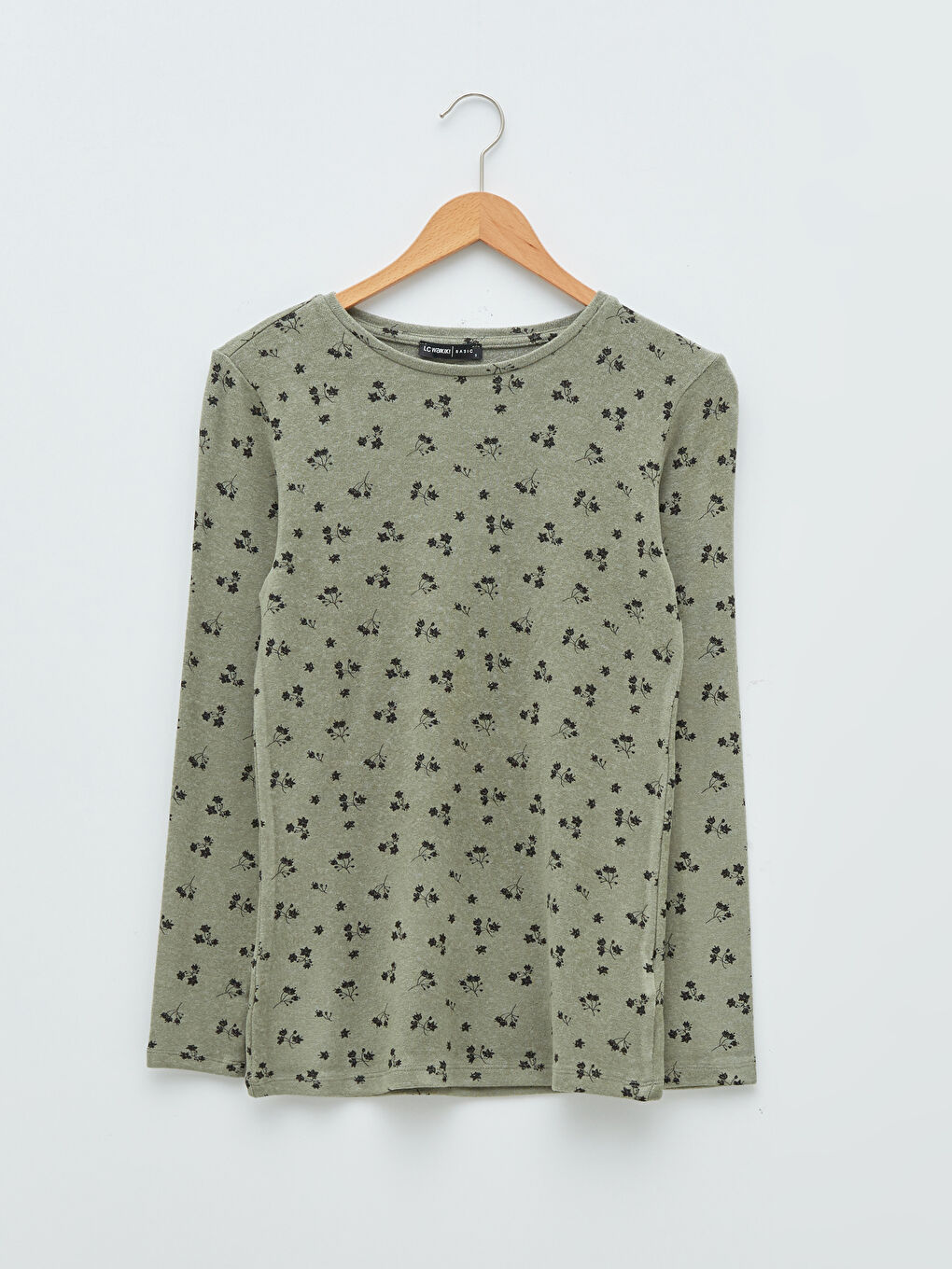 Haki Bisiklet Yaka Baskılı Uzun Kollu Kadın Tişört-5