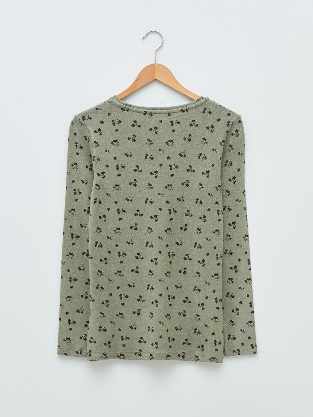 Haki Bisiklet Yaka Baskılı Uzun Kollu Kadın Tişört-6