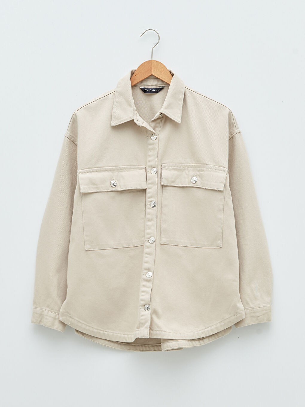 Bej Önden Düğme Kapamalı Düz Cep Detaylı Uzun Kollu Kadın Jean Gömlek Ceket-5