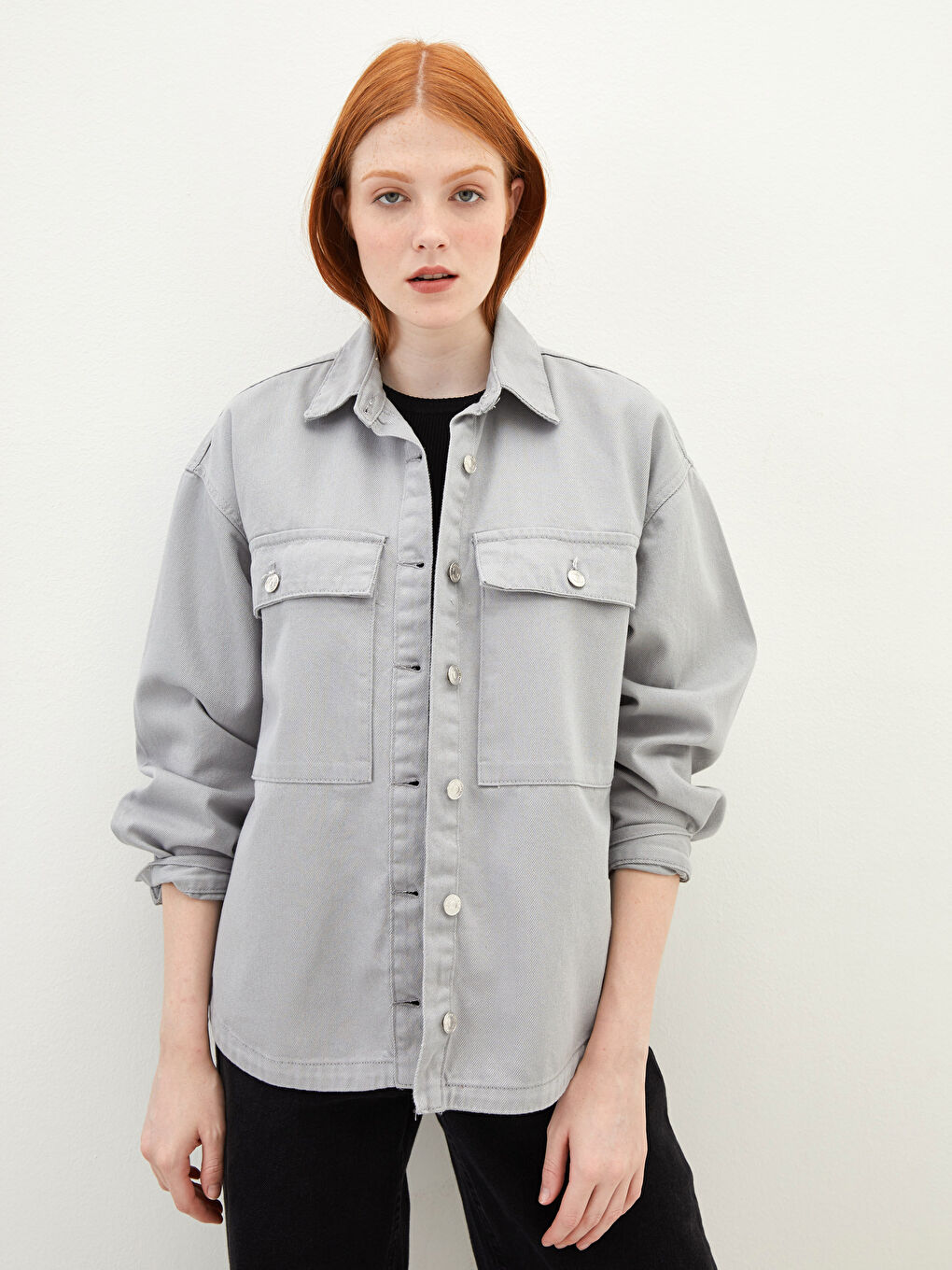 Front Button Closure Straight Pocket Detailed Long Sleeve Women's Jean Shirt Jacket-1