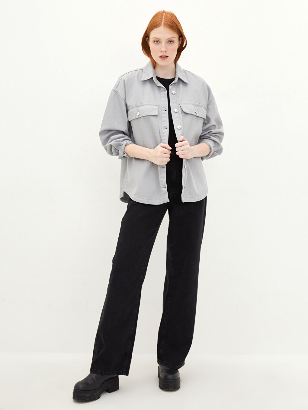 Front Button Closure Straight Pocket Detailed Long Sleeve Women's Jean Shirt Jacket-2