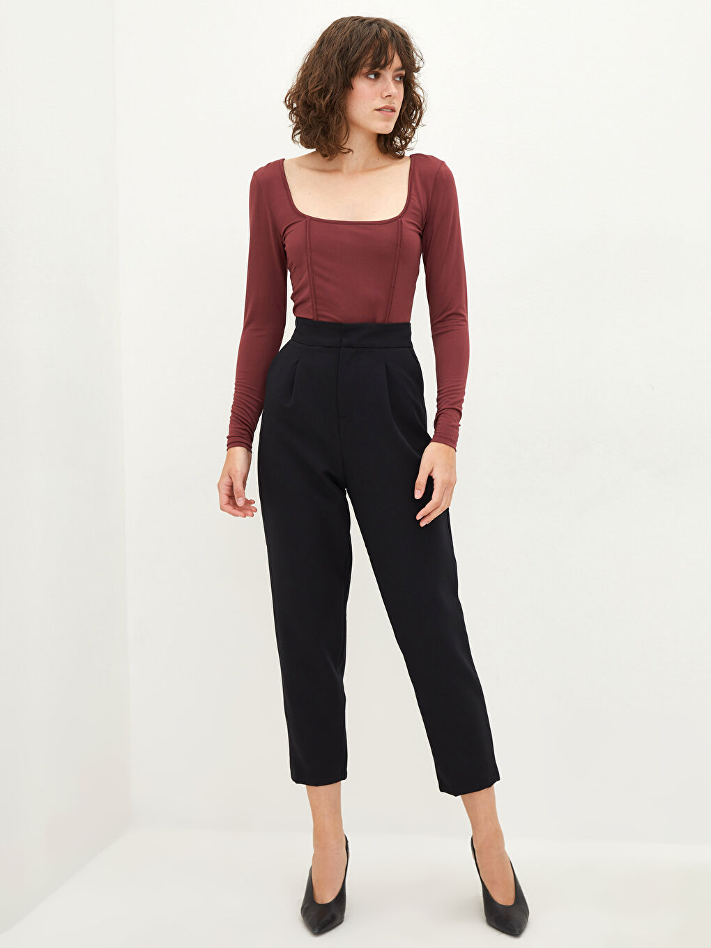 LCW Limited Bordo Kare Yaka Düz Uzun Kollu Kadın Crop Bluz - 2