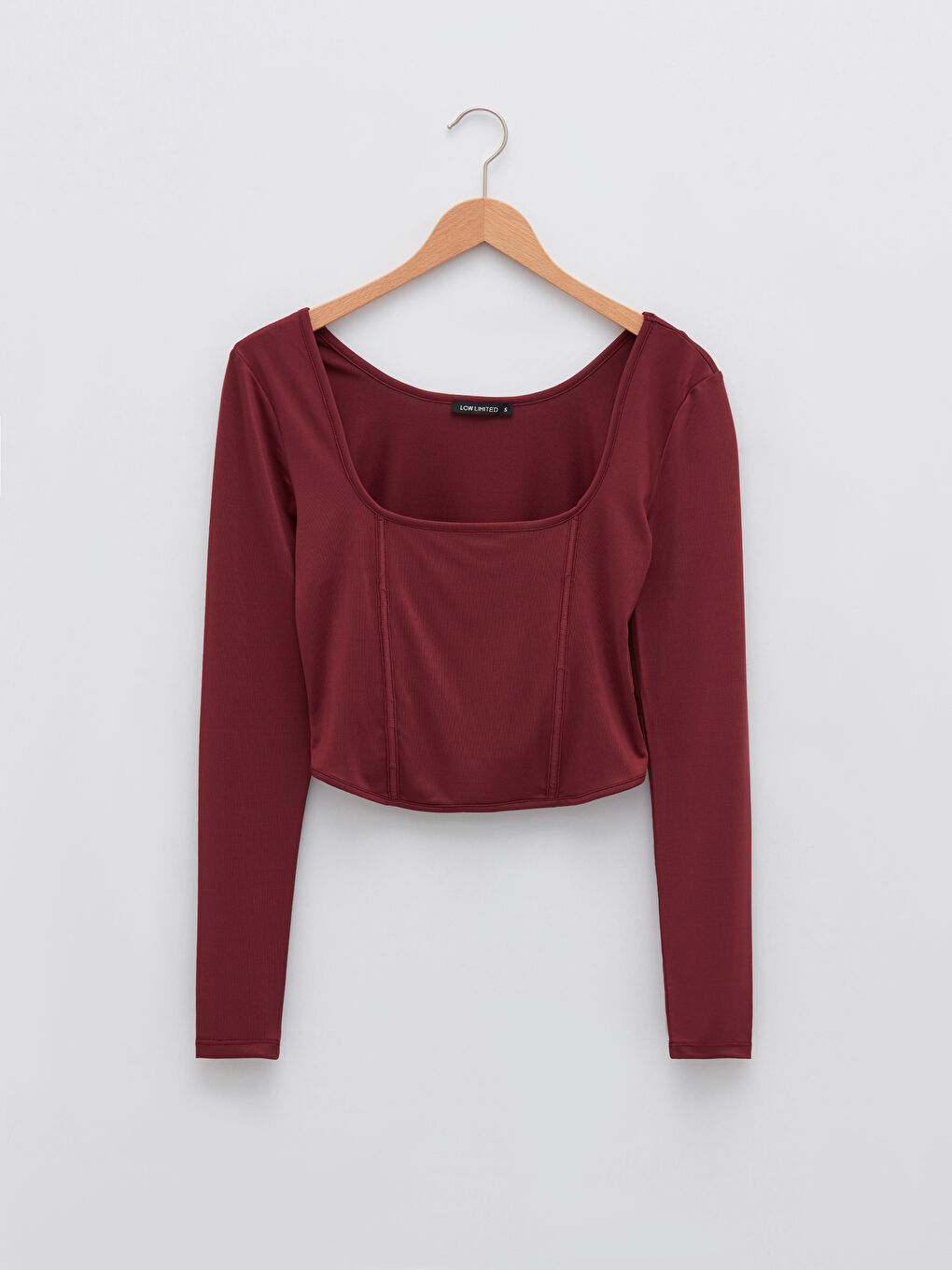 LCW Limited Bordo Kare Yaka Düz Uzun Kollu Kadın Crop Bluz - 6