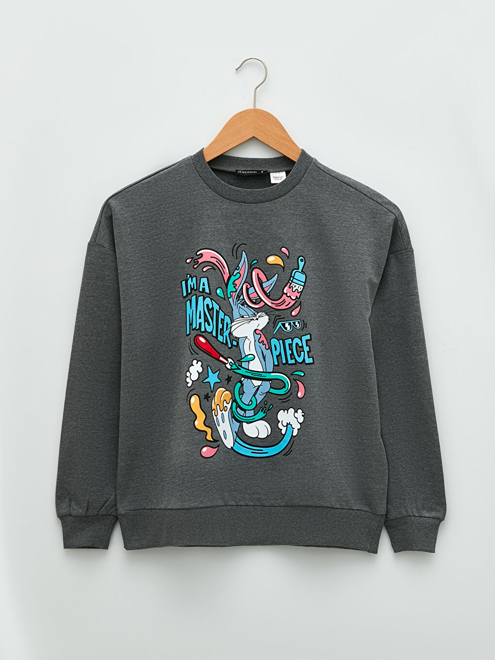 Gri Bisiklet Yaka Bugs Bunny Baskılı Uzun Kollu Kadın Sweatshirt-5