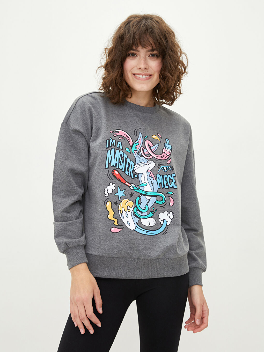 Gri Bisiklet Yaka Bugs Bunny Baskılı Uzun Kollu Kadın Sweatshirt-1