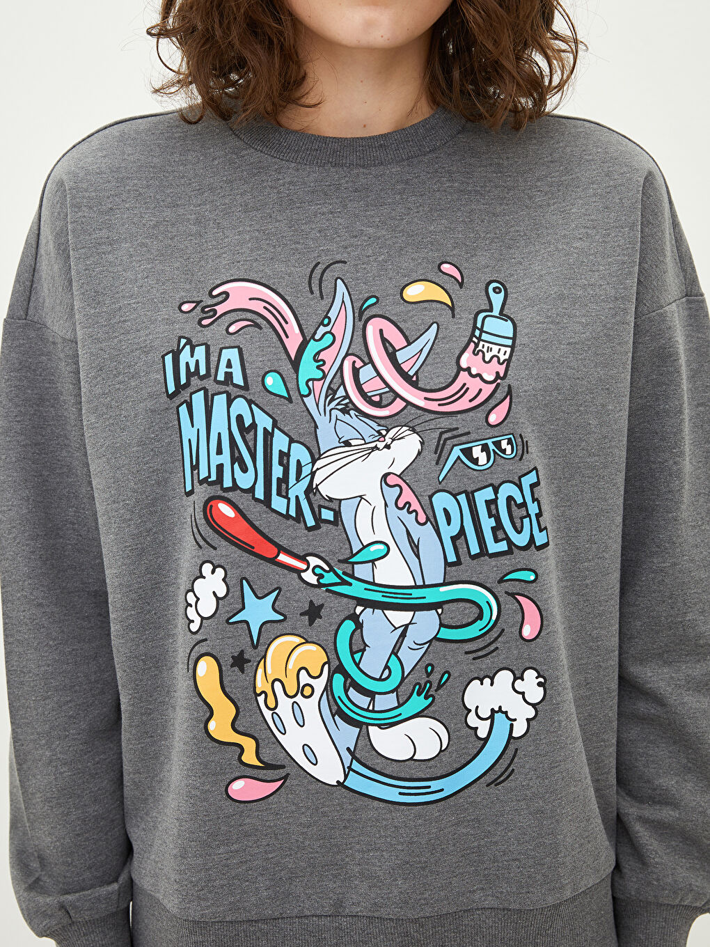 Gri Bisiklet Yaka Bugs Bunny Baskılı Uzun Kollu Kadın Sweatshirt-3