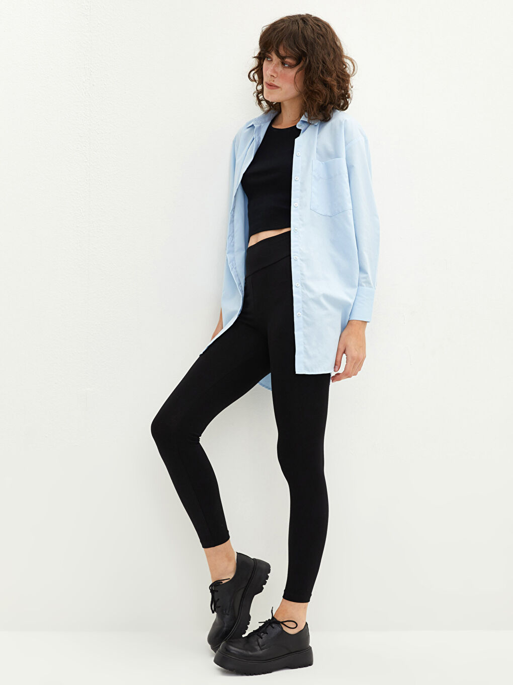 Siyah Kadın Beli Lastikli Düz Tayt Pantolon-1