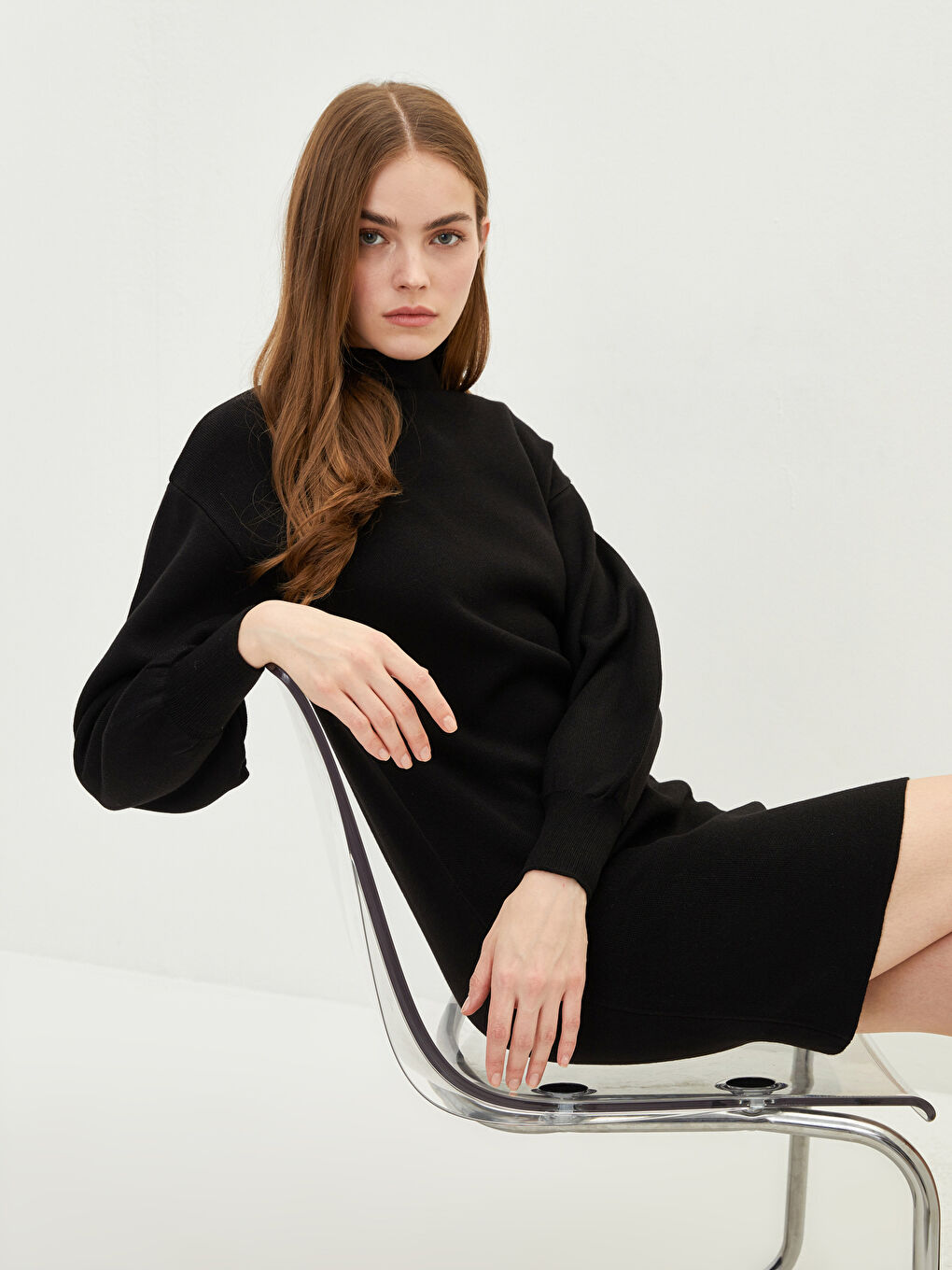 LCW Vision Funnel Neck Plain Long Sleeve Women's Knitwear Dress -W1JT81Z8-CVL