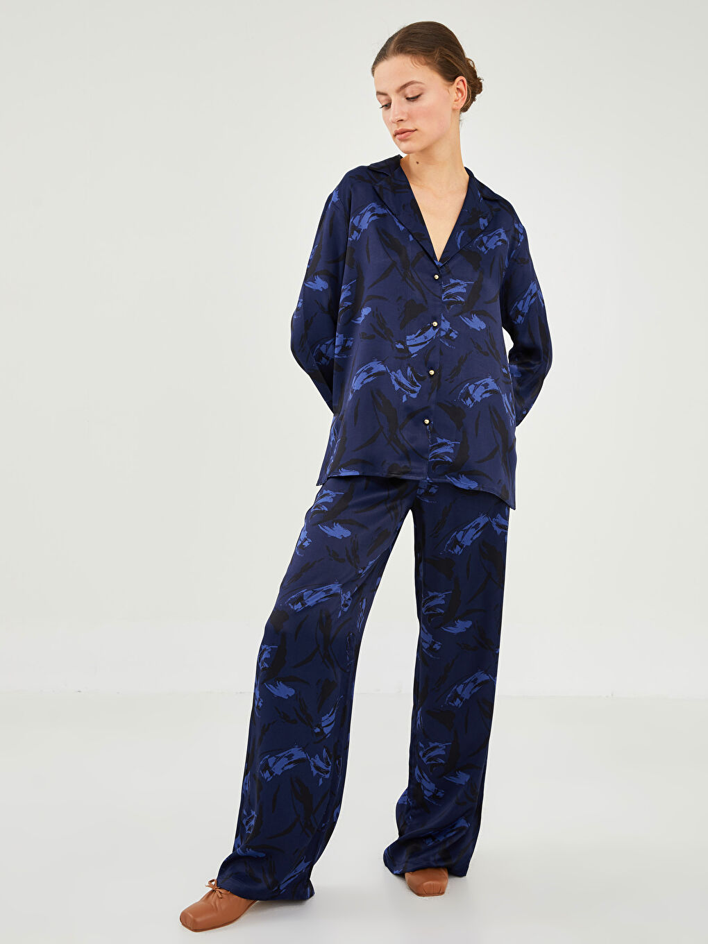 Lacivert Beli Lastikli Desenli Geniş Paça Kadın Pantolon-2