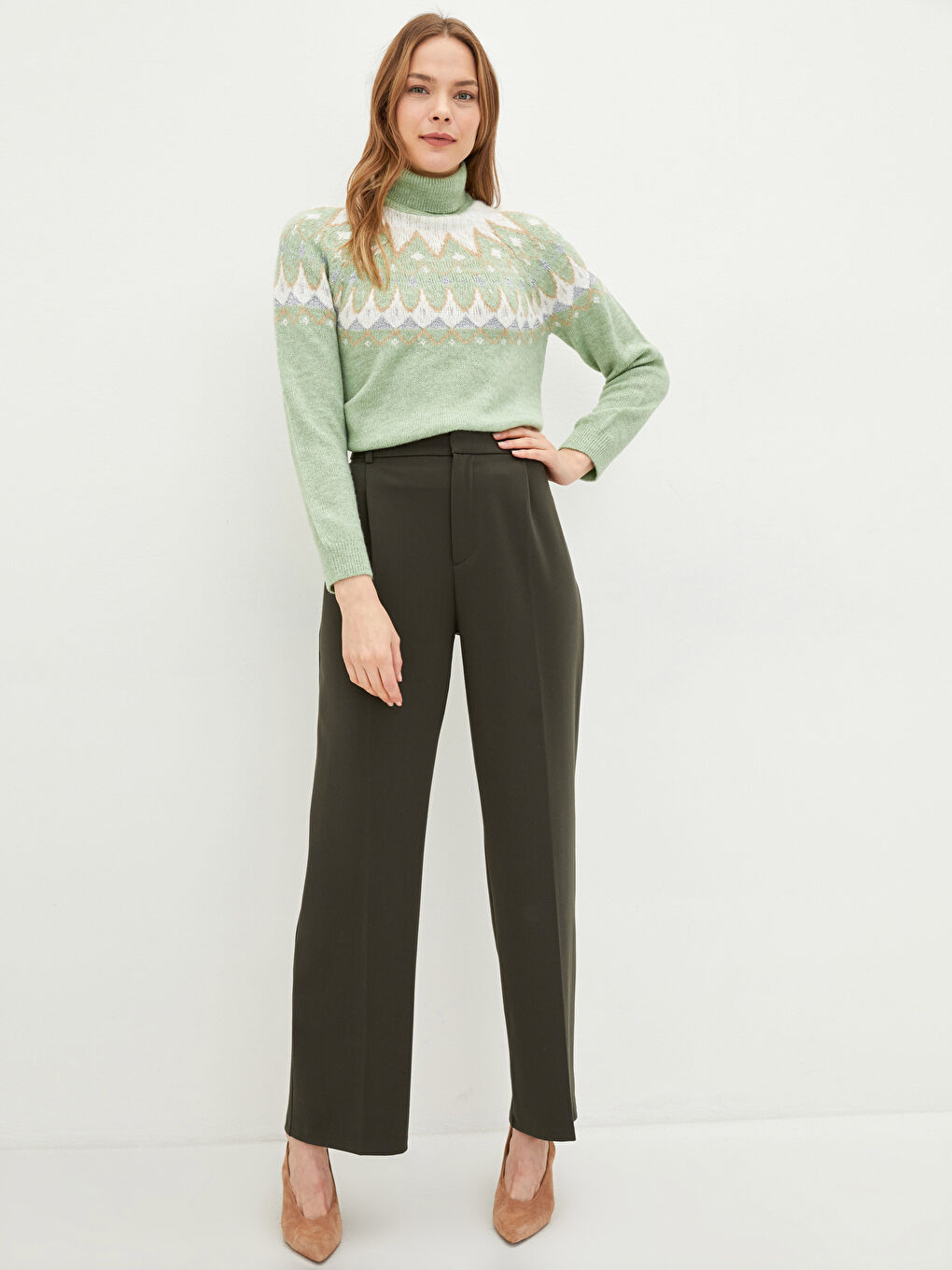 Turtleneck Self Patterned Long Sleeve Women's Tricot Sweater-1