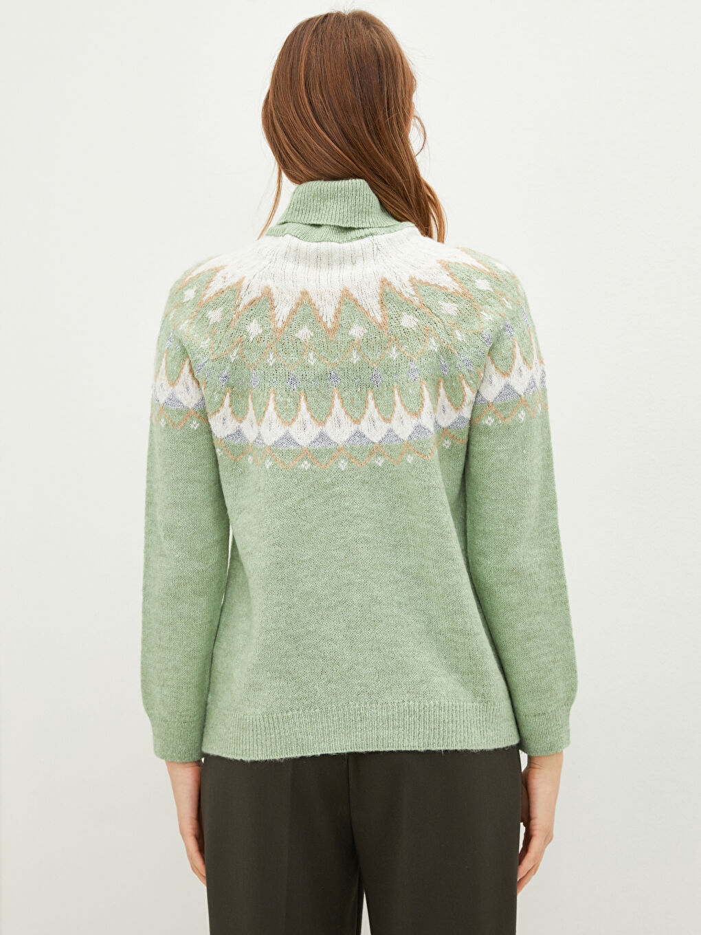 Turtleneck Self Patterned Long Sleeve Women's Tricot Sweater-3