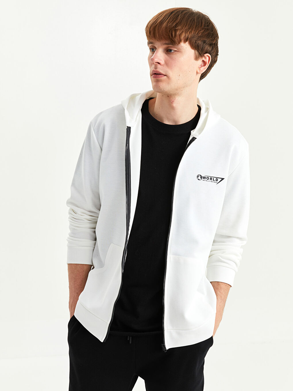 Ekru Kapüşonlu Uzun Kollu Erkek Fermuarlı Sweatshirt-1