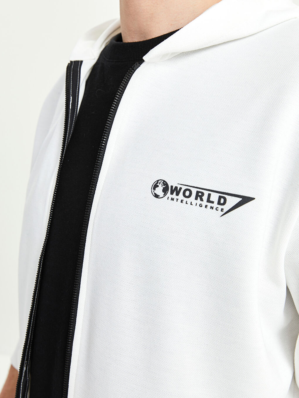 Ekru Kapüşonlu Uzun Kollu Erkek Fermuarlı Sweatshirt-2