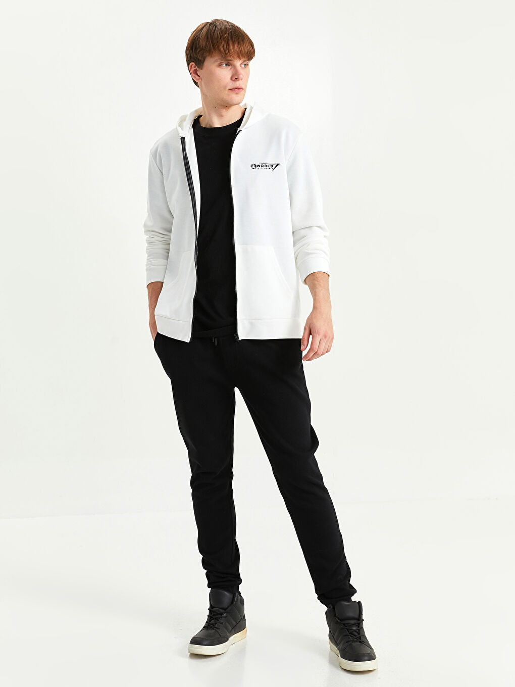 Ekru Kapüşonlu Uzun Kollu Erkek Fermuarlı Sweatshirt-3