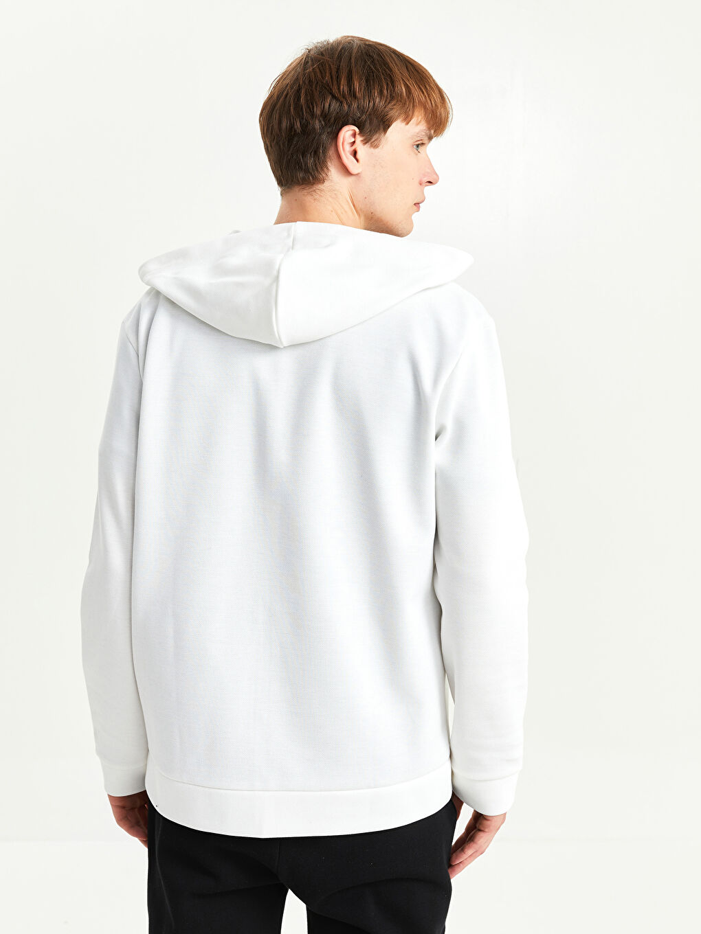 Ekru Kapüşonlu Uzun Kollu Erkek Fermuarlı Sweatshirt-4