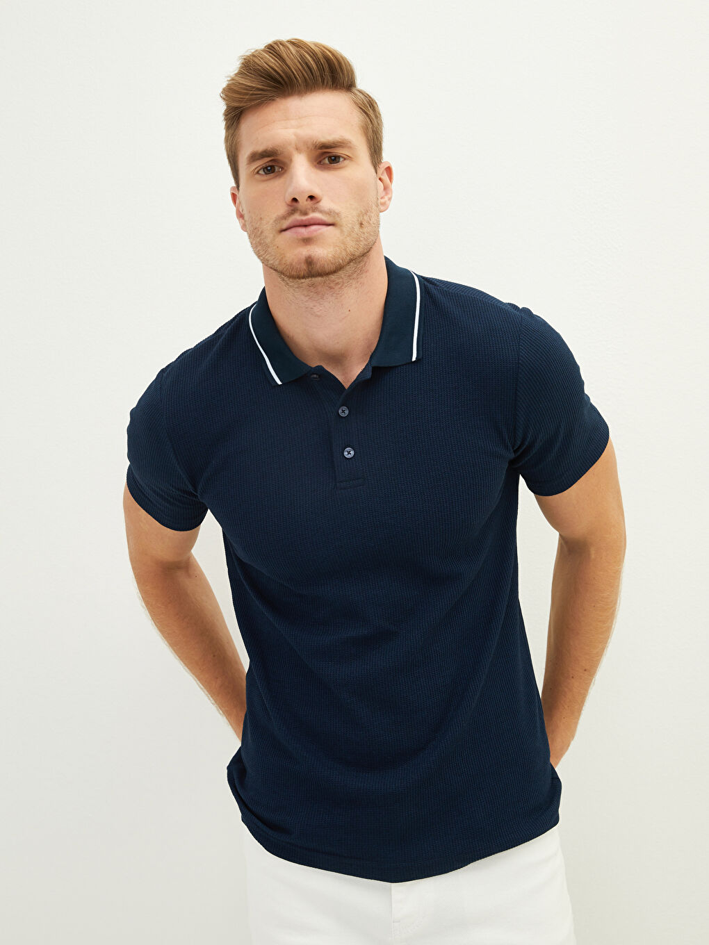 Lacivert Polo Yaka Kısa Kollu Erkek Tişört-1